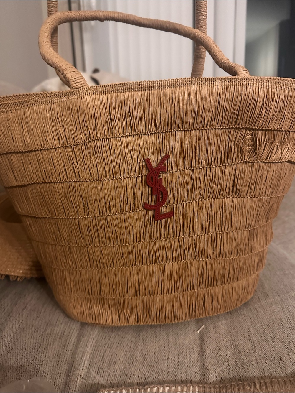 Tan Straw Fringe Sun Hat AND BAG with Red Logo - Picture 3 of 13
